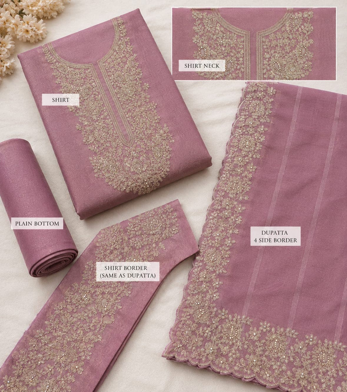 Premium Dusty Rose Mauve Embroidered Suit Set with 4-Side Lace Border Dupatta