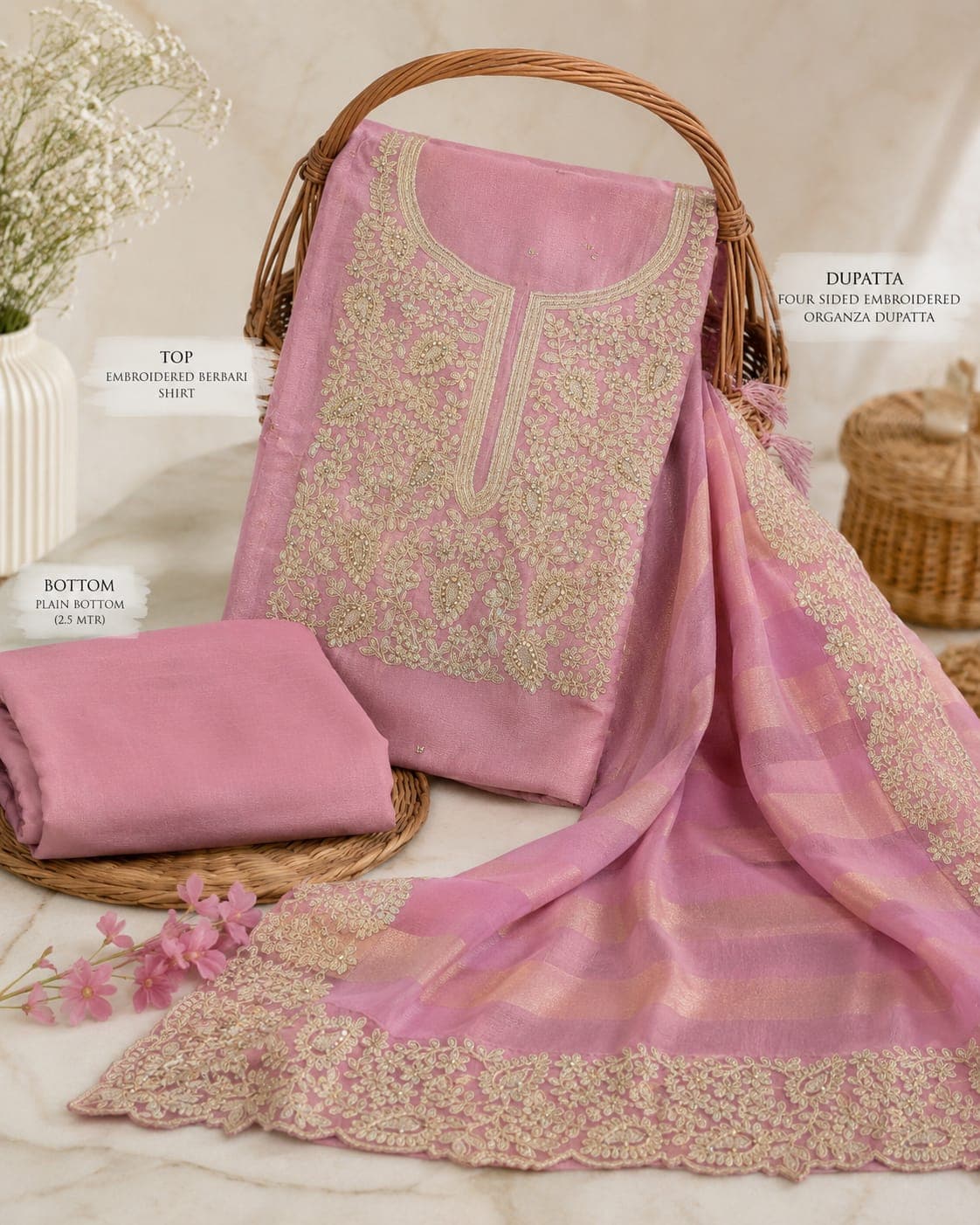Premium Dusty Rose Mauve Embroidered Suit Set with 4-Side Lace Border Dupatta thumbnail 2