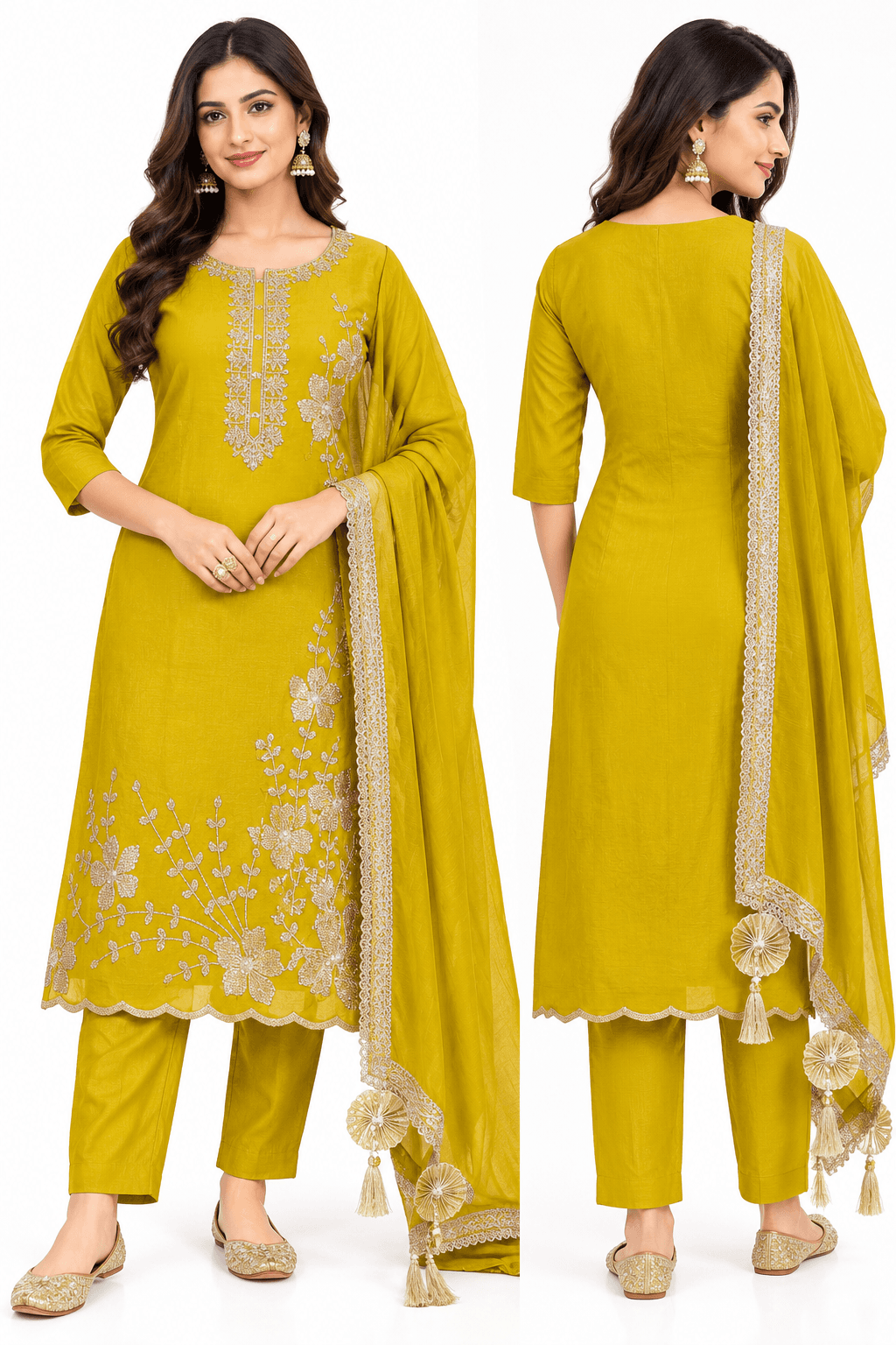 Mustard Yellow Floral Embroidered Straight Kurta Pant Set with Dupatta