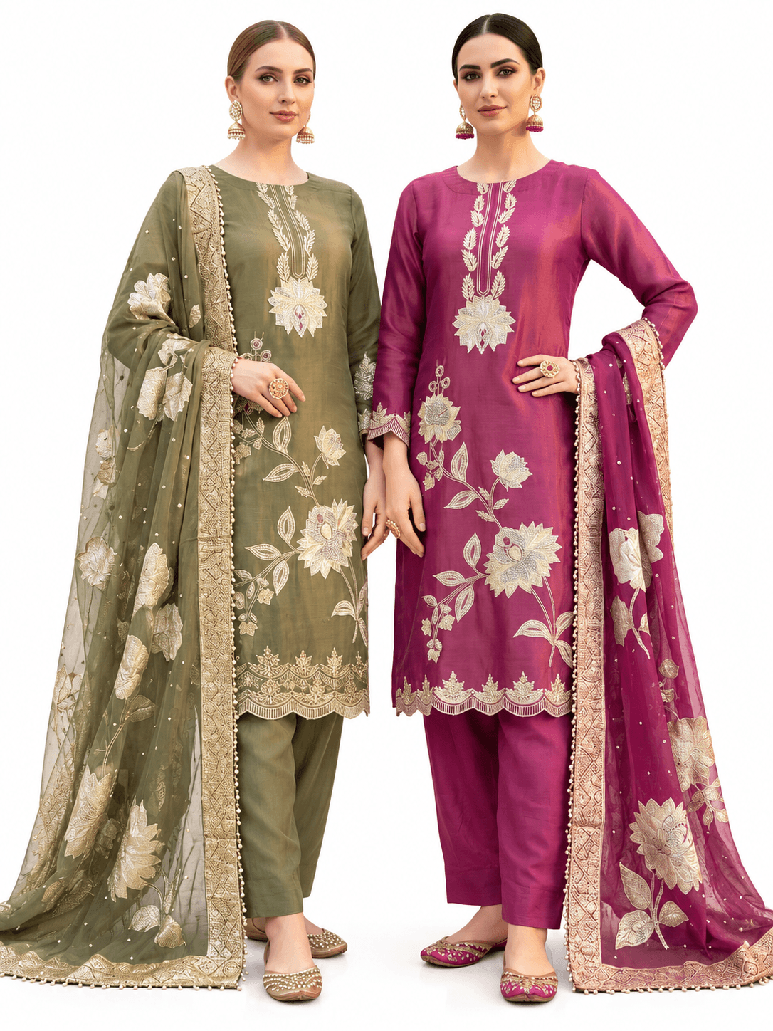 Royal Bloom Floral Embroidered Straight Kurta Pant Set with Dupatta – Olive Green & Wine Magenta