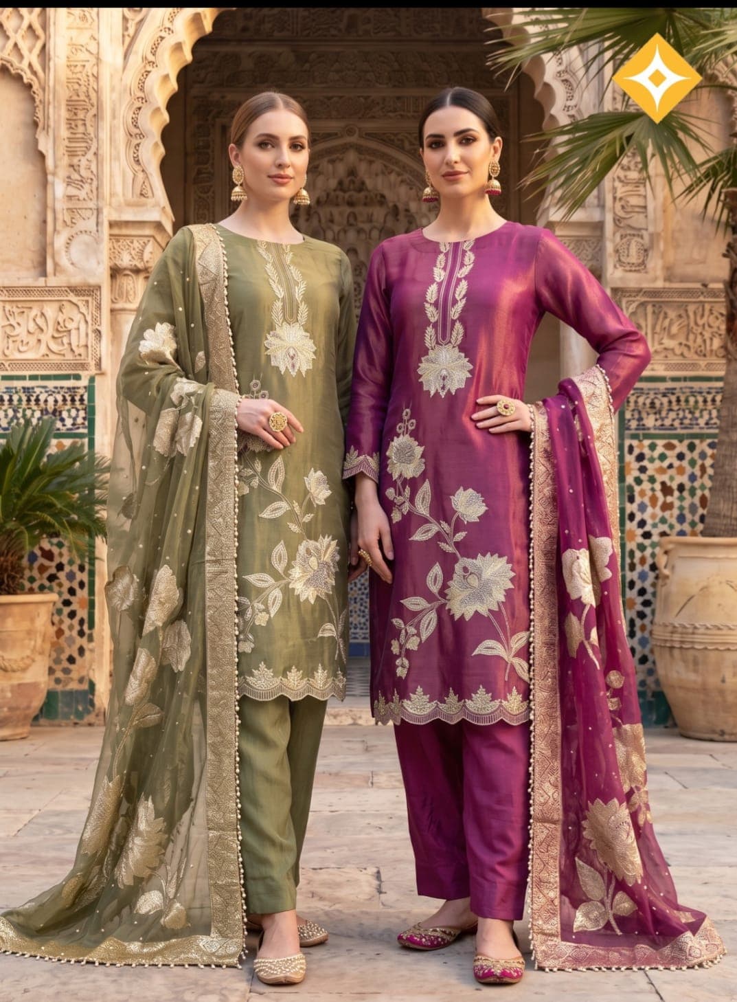 Royal Bloom Floral Embroidered Straight Kurta Pant Set with Dupatta – Olive Green & Wine Magenta thumbnail 2