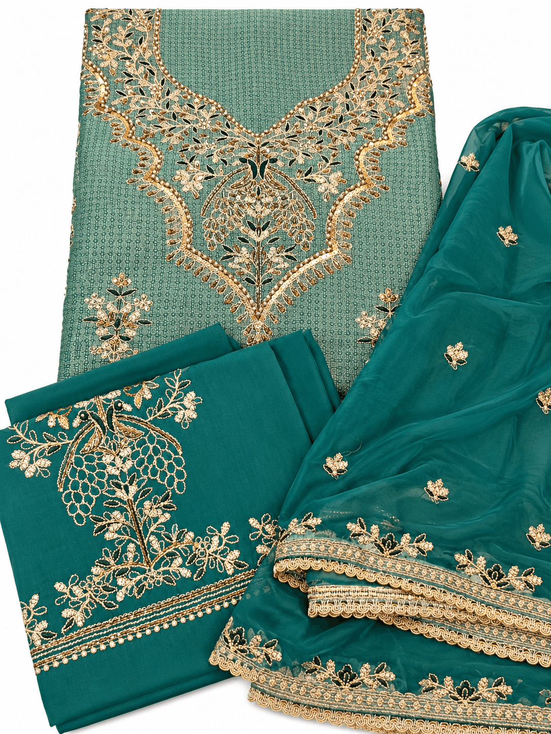Emerald Teal Royal Floral Embroidered Suit Set with Dupatta