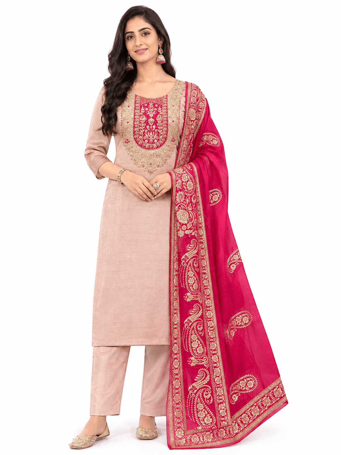 Royal Blush Pink & Rani Pink Gold Embroidered Suit Set with Paisley Dupatta