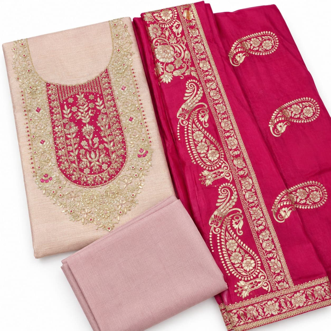 Royal Blush Pink & Rani Pink Gold Embroidered Suit Set with Paisley Dupatta thumbnail 2