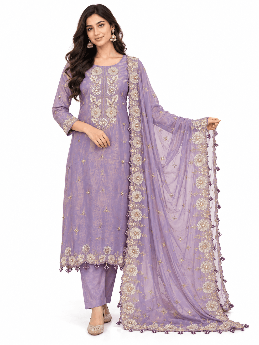 Lavender Grace Floral Embroidered Straight Kurta Pant Set with Dupatta