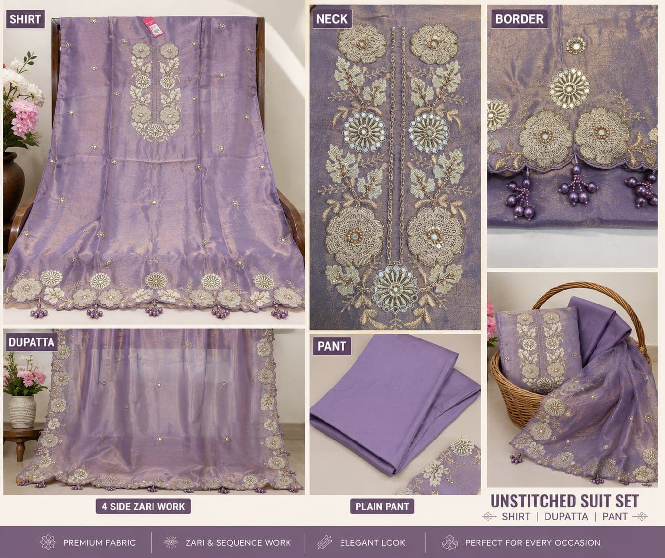 Lavender Grace Floral Embroidered Straight Kurta Pant Set with Dupatta thumbnail 2