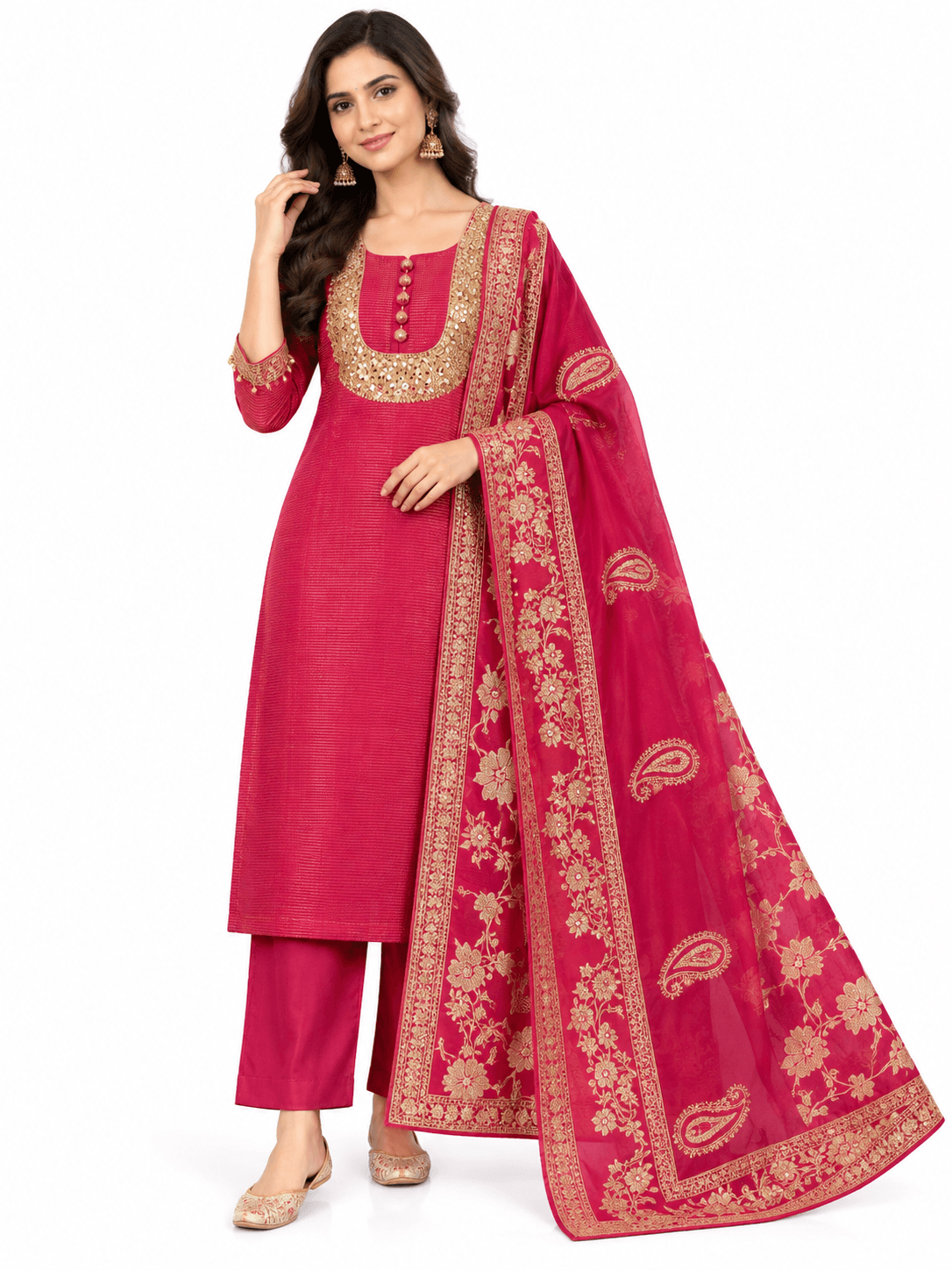 Royal Rani Pink Gold Embroidered Straight Kurta Pant Set with Paisley Dupatta