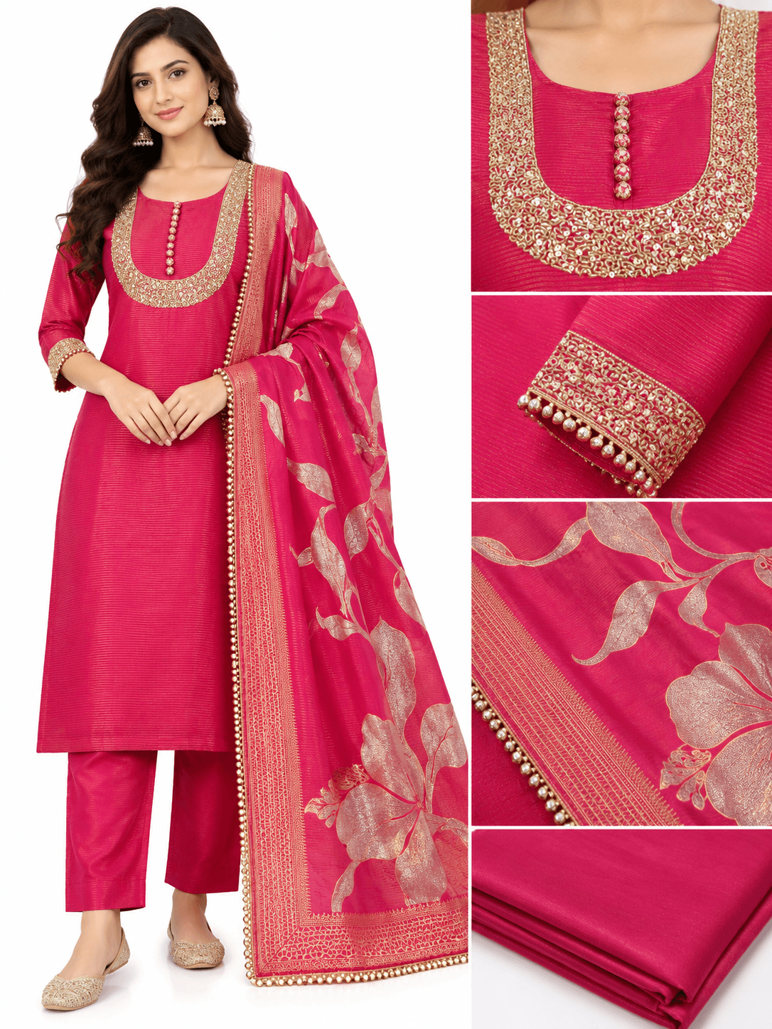Royal Rani Pink Gold Embroidered Straight Kurta Pant Set with Paisley Dupatta thumbnail 2