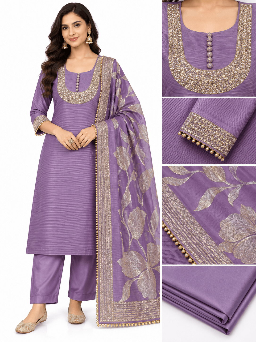 Lavender Royale Gold Embellished Straight Kurta Pant Set with Floral Dupatta