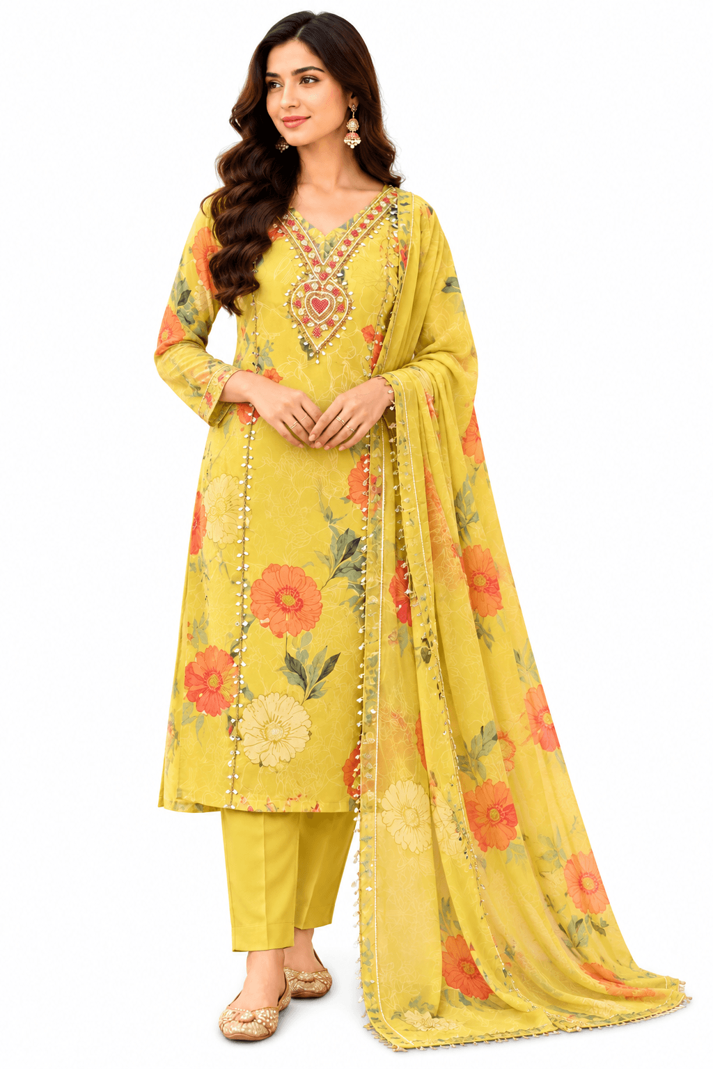 Gulbahar Sunshine Yellow Floral Embroidered 3-Piece Suit Set