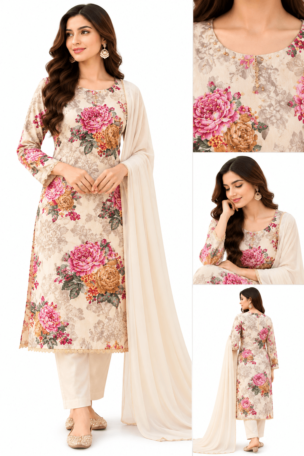 Gulbahar Ivory Rose Floral 3-Piece Suit Set