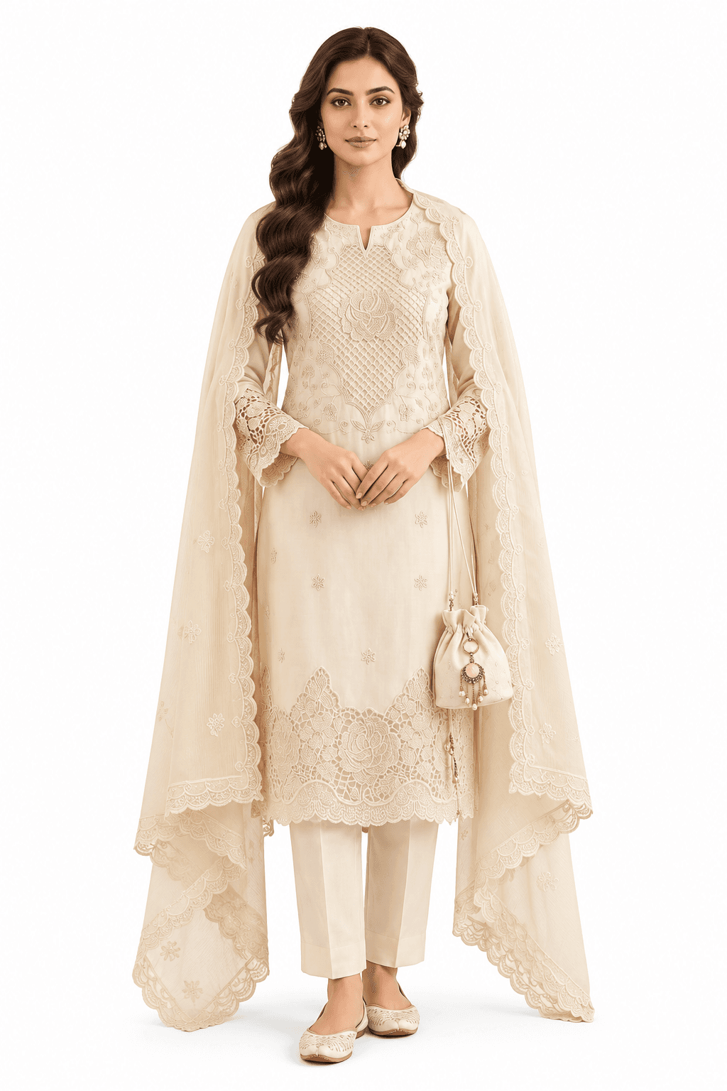 Ivory Noor Premium Embroidered 3-Piece Suit Set with Lace Dupatta